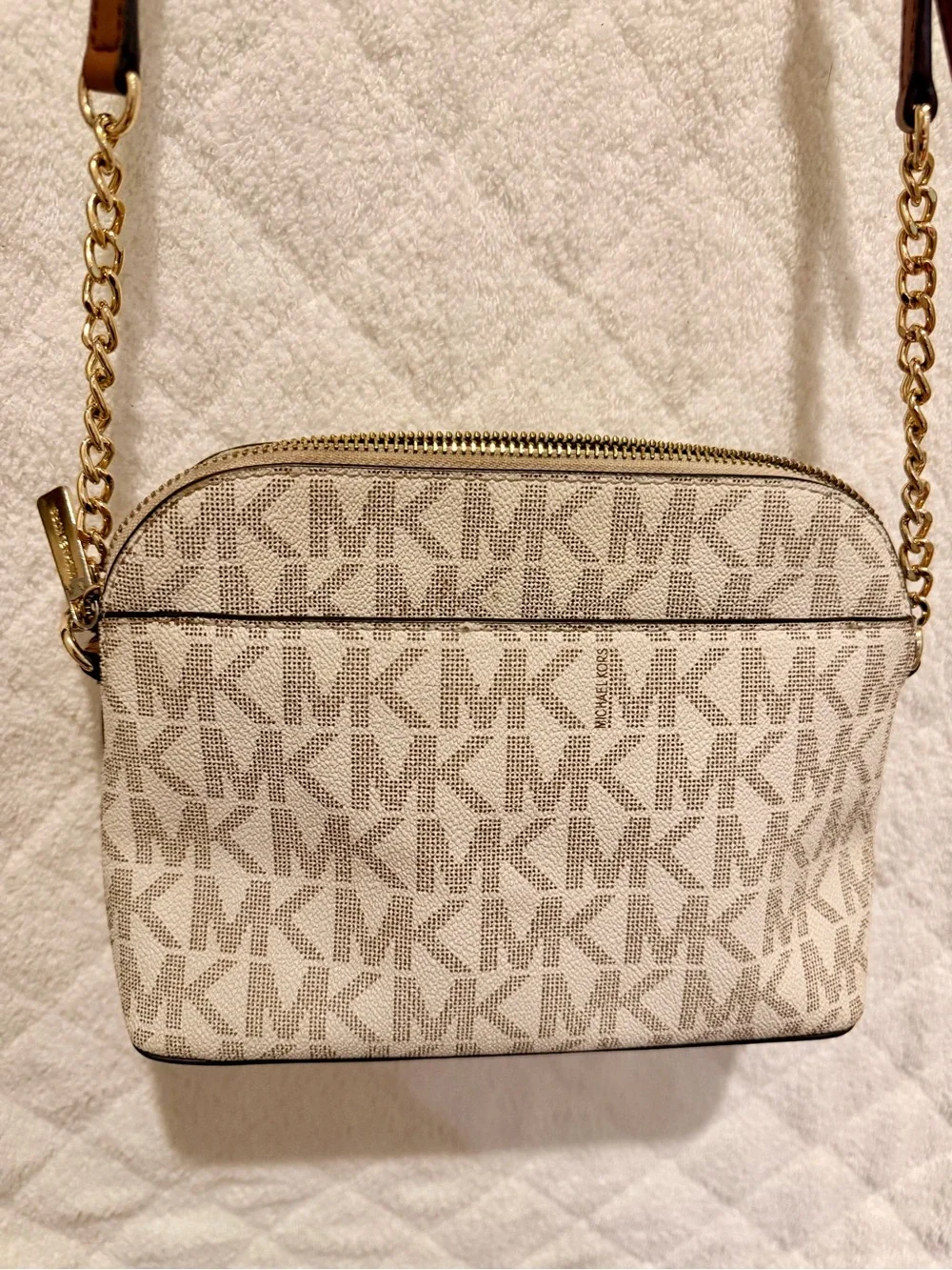 Michael Kors Beige MK Logo Crossbody with Brown Strap and Gold Hardware